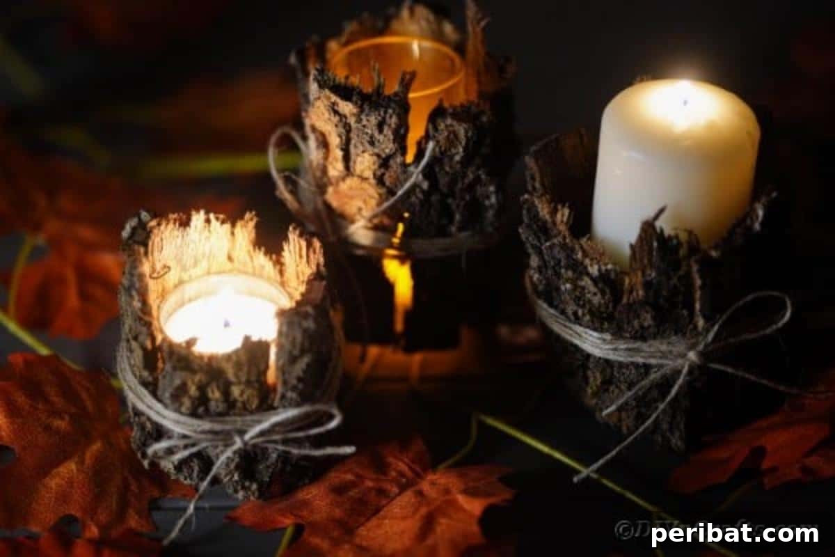 Woodland Hearth Bark Lantern 8 Three illuminated tree bark lanterns creating a warm and inviting atmosphere on display