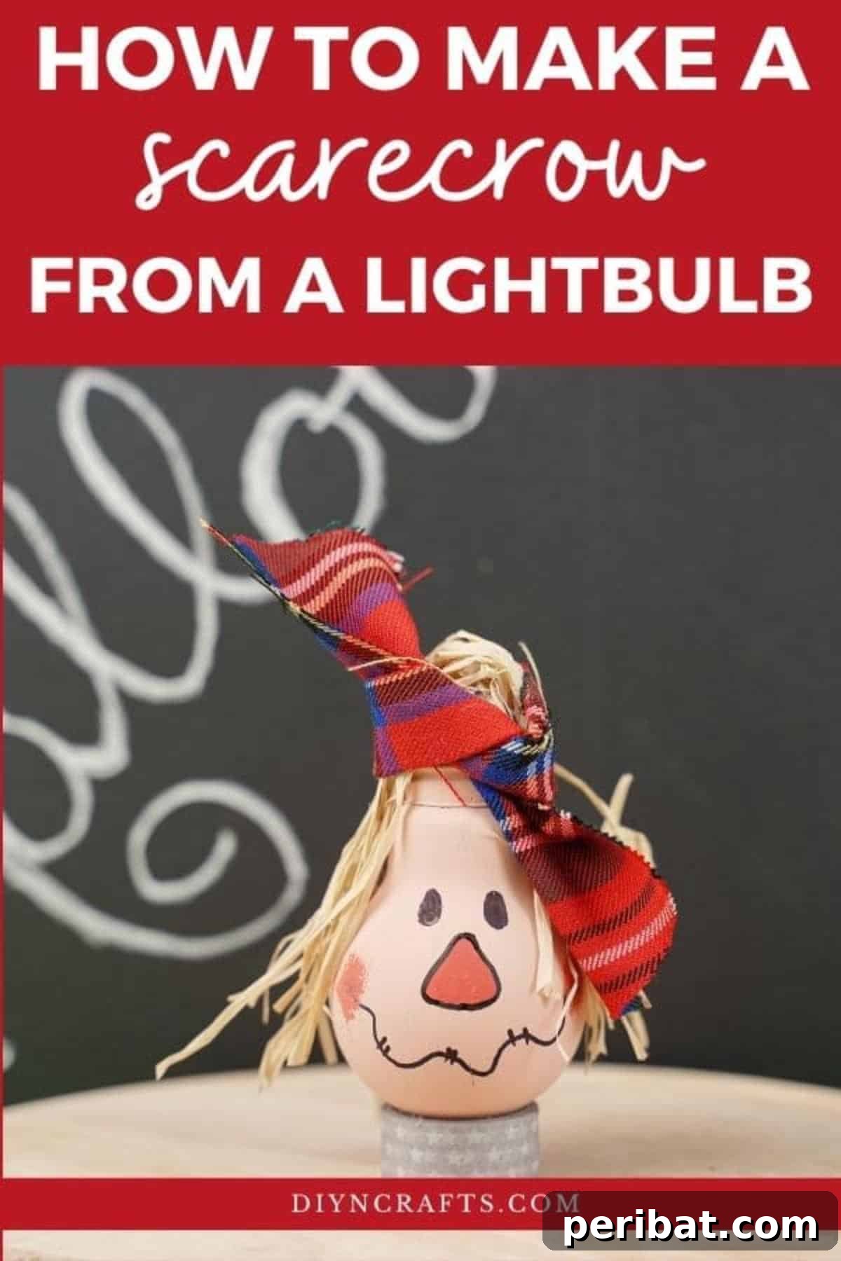 Charming Bulb Scarecrow Art from Recycled Lights 2 Lightbulb scarecrow on table by chalkboard