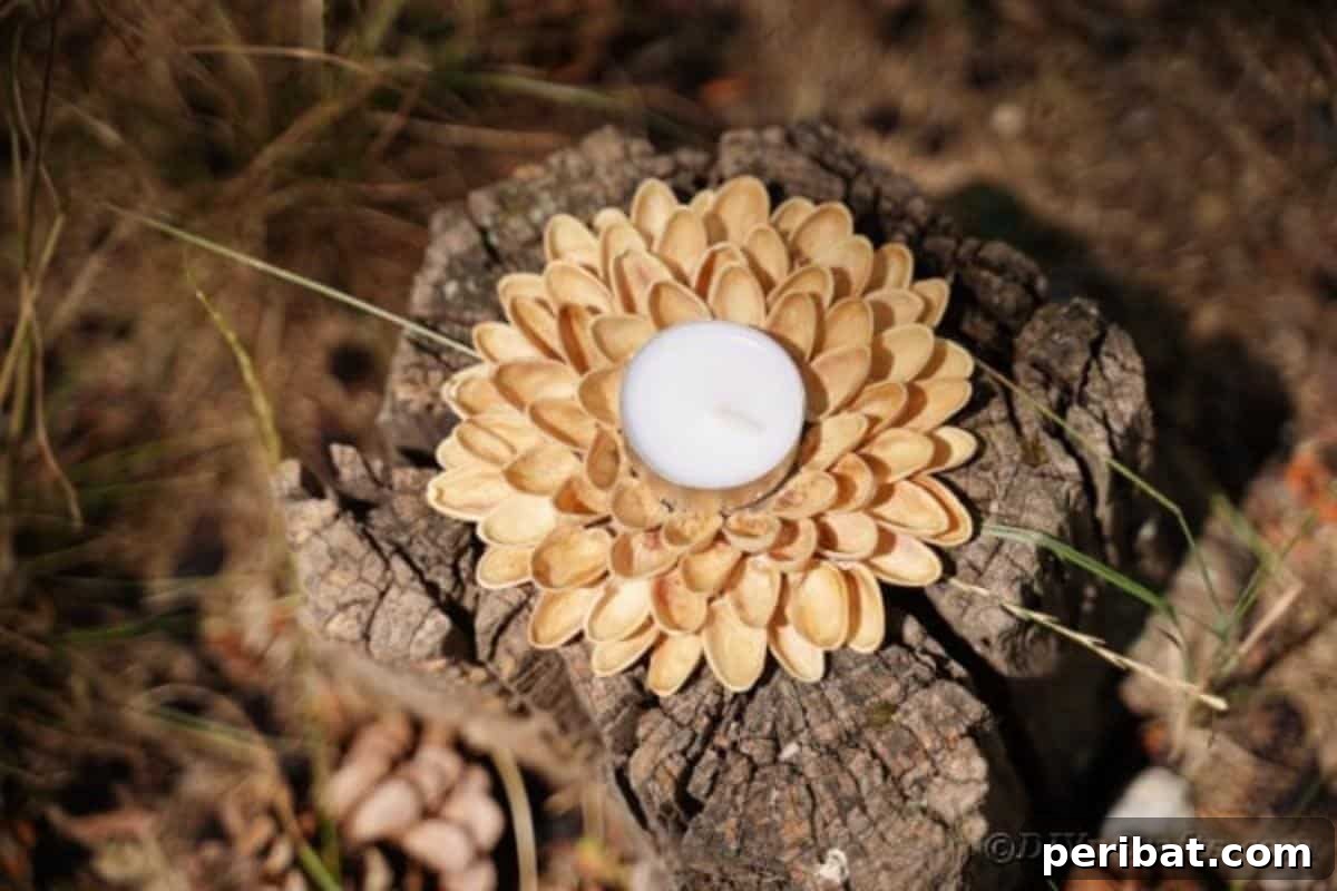 Artisanal Pistachio Shell Candle Holder 3 Pistachio shell candle holder gracefully resting on a rustic tree stump