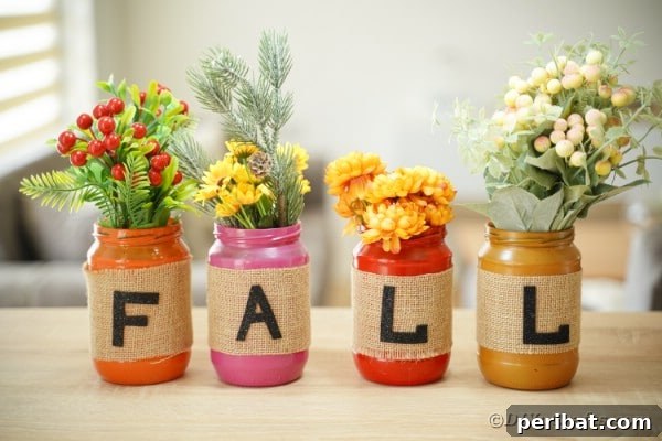 Lettered fall mason jar decor on a table