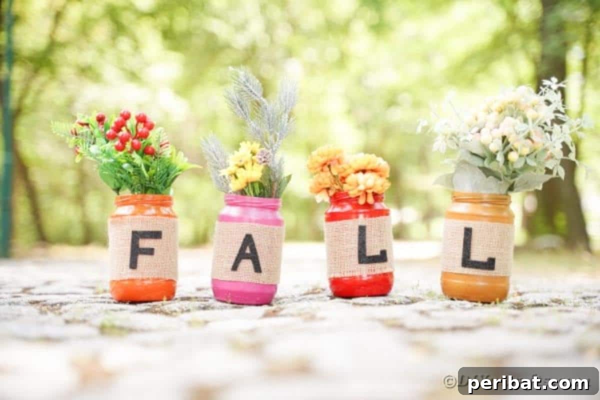 Cozy Farmhouse Fall Lettered Jars 4 Individual fall lettered mason jars on a rustic cobblestone surface
