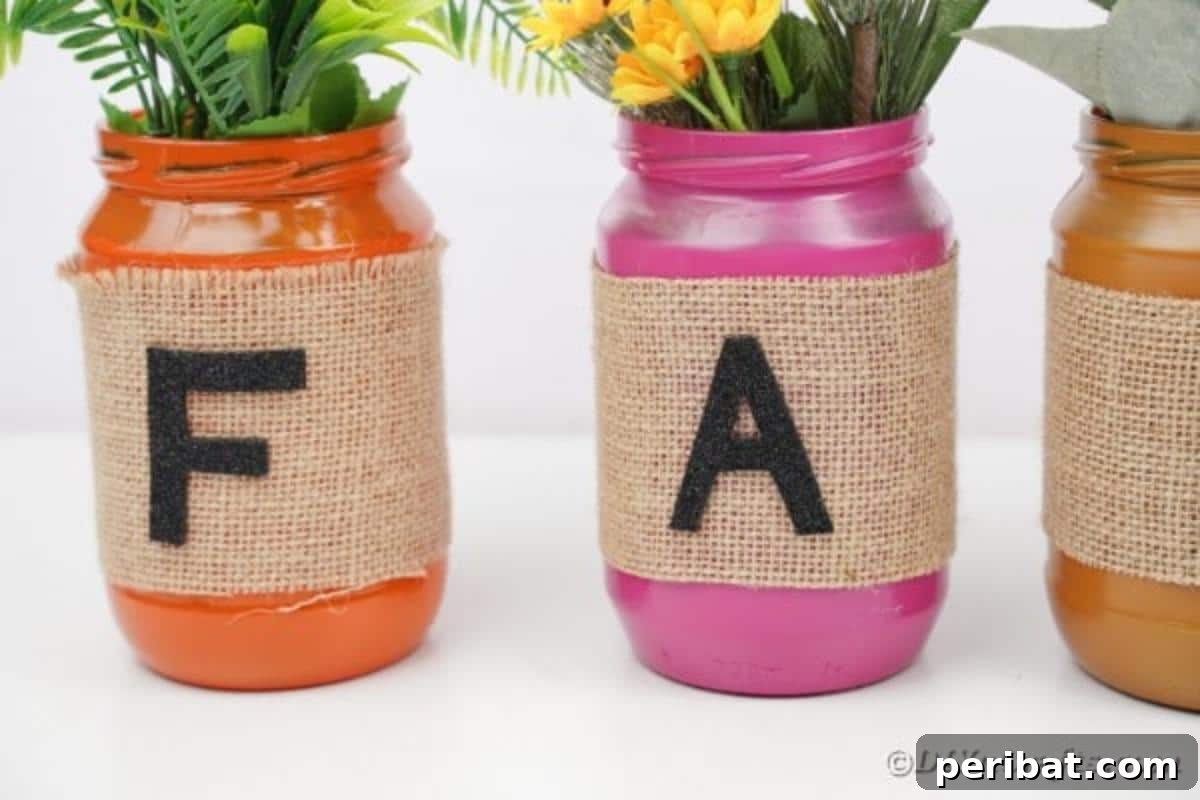 Cozy Farmhouse Fall Lettered Jars 7 Close-up of the 'F' lettered mason jar in fall colors