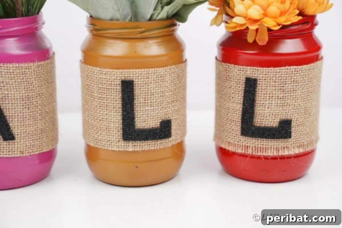 Cozy Farmhouse Fall Lettered Jars 8 Close-up of the 'A' lettered mason jar in vibrant fall hues