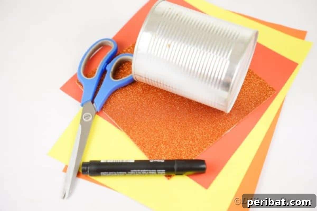 A neat arrangement of all the craft supplies needed to make the tin can owl, including papers, glue, and googly eyes.