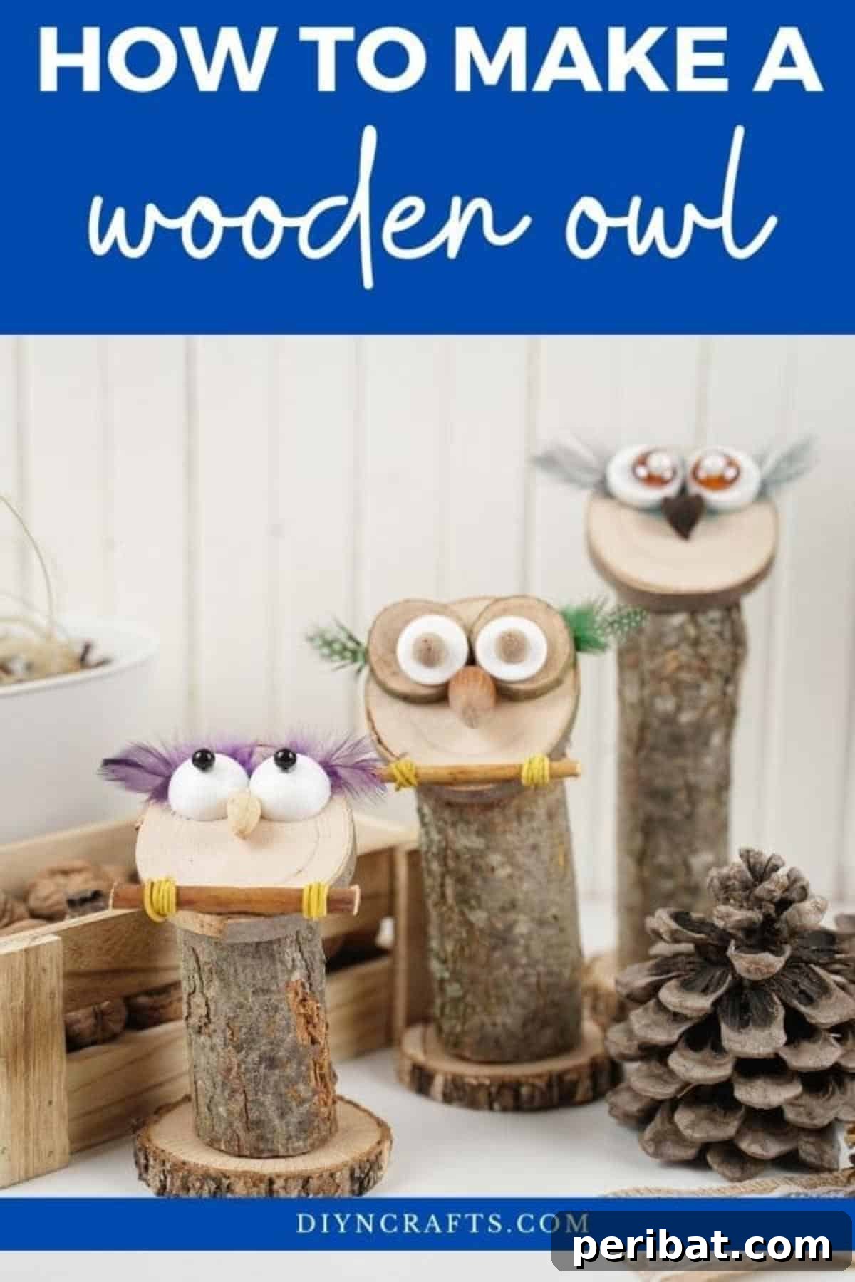 Whimsical Wooden Owls from Recycled Scraps Video Guide 2 Trio of charming decorative owls crafted from upcycled wood pieces displayed on a rustic counter, ready to enhance home decor.