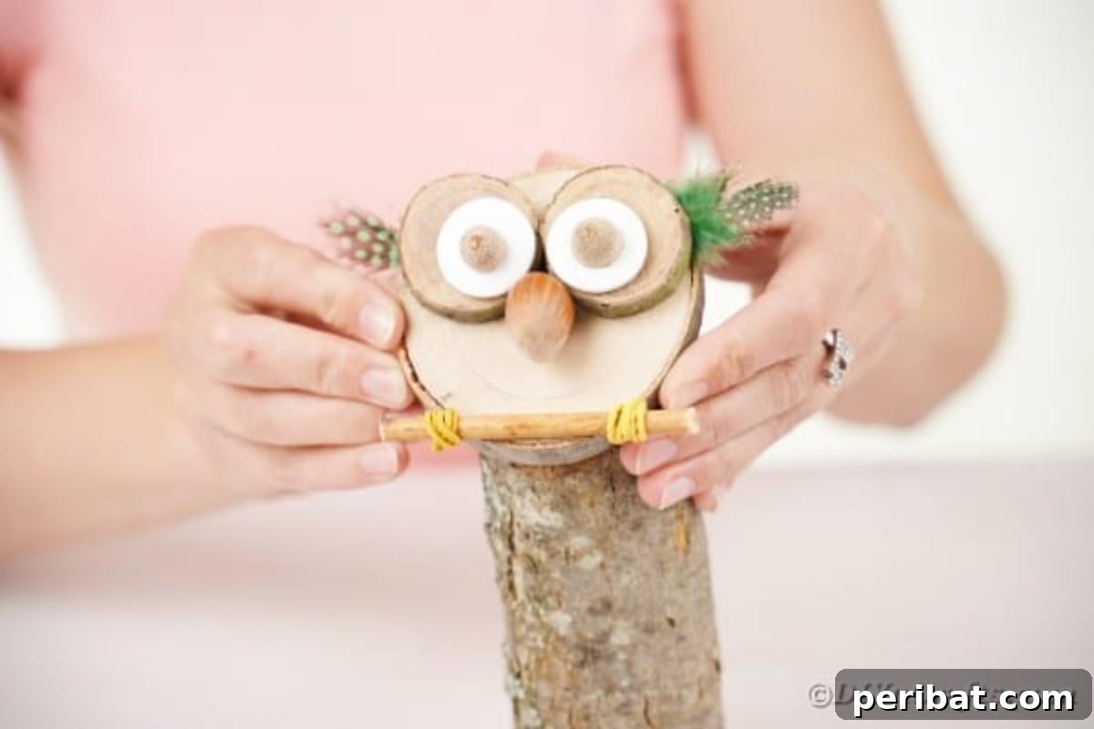 Whimsical Wooden Owls from Recycled Scraps Video Guide 15 The final assembly stage: the intricately crafted owl face is being carefully glued to the top of the main wooden branch, bringing the decorative owl to life.