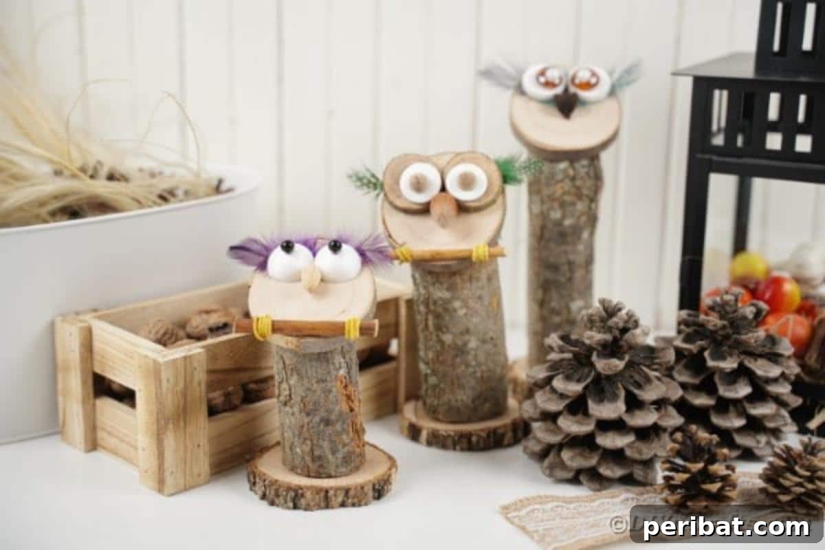 Whimsical Wooden Owls from Recycled Scraps Video Guide 3 Close-up shot of a trio of delightful upcycled wooden owls, featuring unique facial expressions and colorful feather accents, perfect for rustic decor.