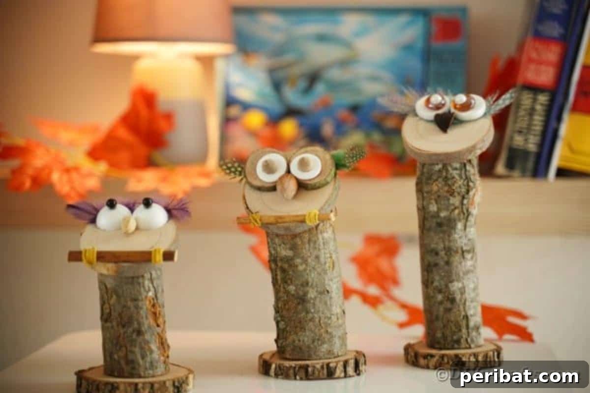 Whimsical Wooden Owls from Recycled Scraps Video Guide 4 An artistic arrangement of three rustic wooden owls, each varying in height and adorned with unique embellishments, displayed on a wooden table.