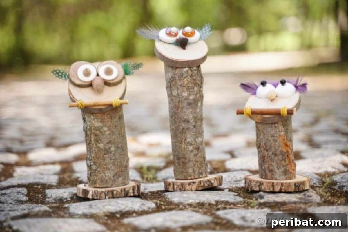 Whimsical Wooden Owls from Recycled Scraps Video Guide 5 A charming grouping of three decorative wooden owls with distinct personalities, set against a rustic cobblestone backdrop, showcasing their unique upcycled features.
