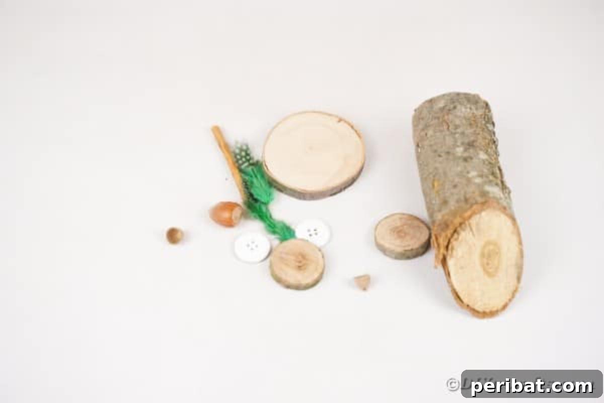 Whimsical Wooden Owls from Recycled Scraps Video Guide 7 A neatly organized collection of craft supplies on a wooden surface, including various sizes of wood slices, buttons, feathers, acorns, and glue sticks, ready for making wooden owls.