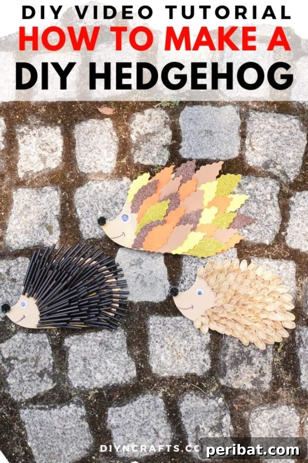 Two completed hedgehog crafts on a cobblestone background, one made from pistachio shells and another from paper leaves, showcasing their distinct textures and autumn aesthetics.
