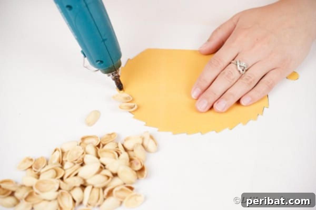 A close-up of hands gluing pistachio shells onto the edge of the hedgehog template, creating a textured border.