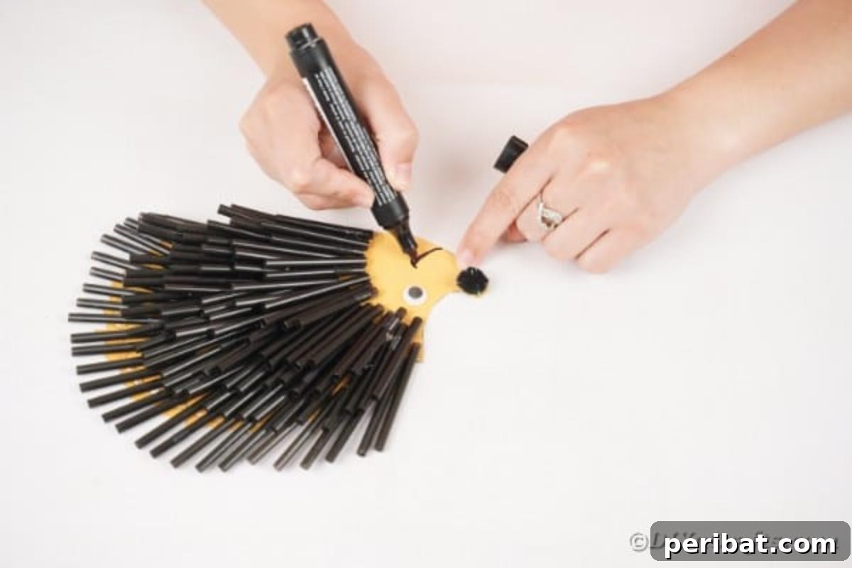 A black marker drawing a smile onto the face of the black straw hedgehog.