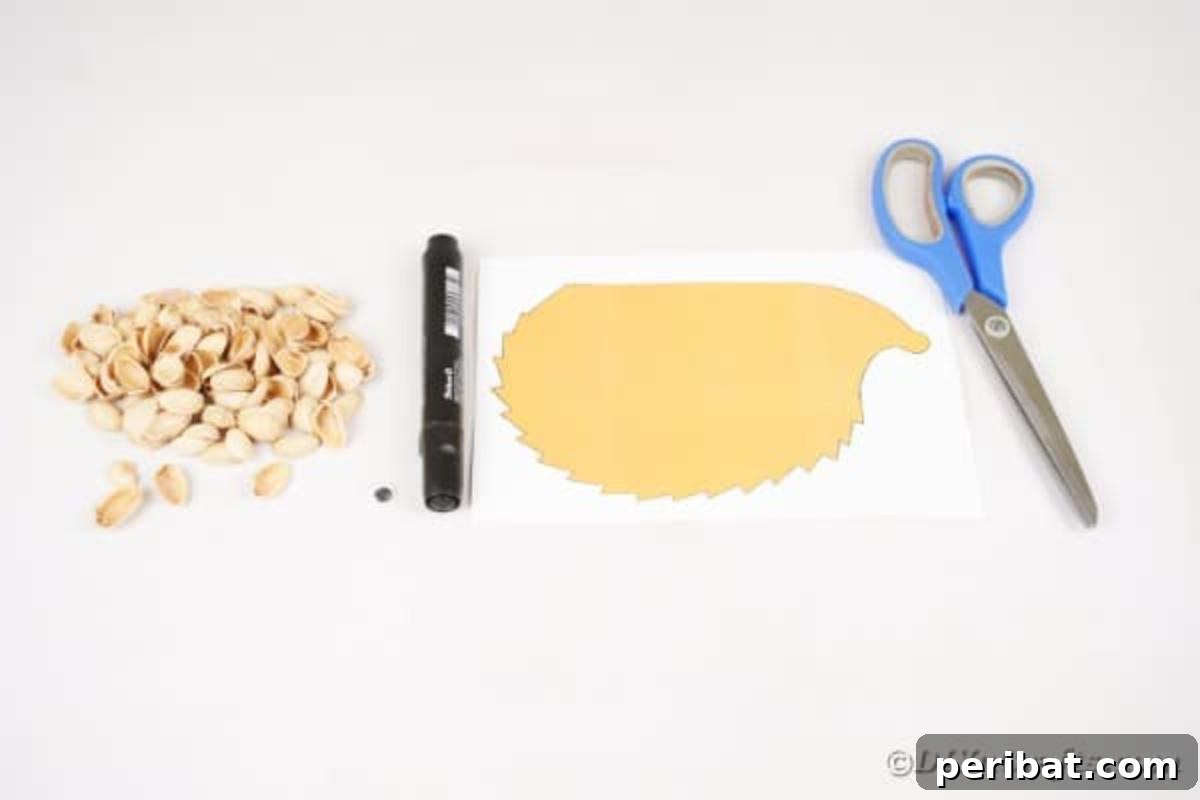 A collection of supplies neatly arranged for making a pistachio shell hedgehog, including shells, glue gun, googly eye, and template.