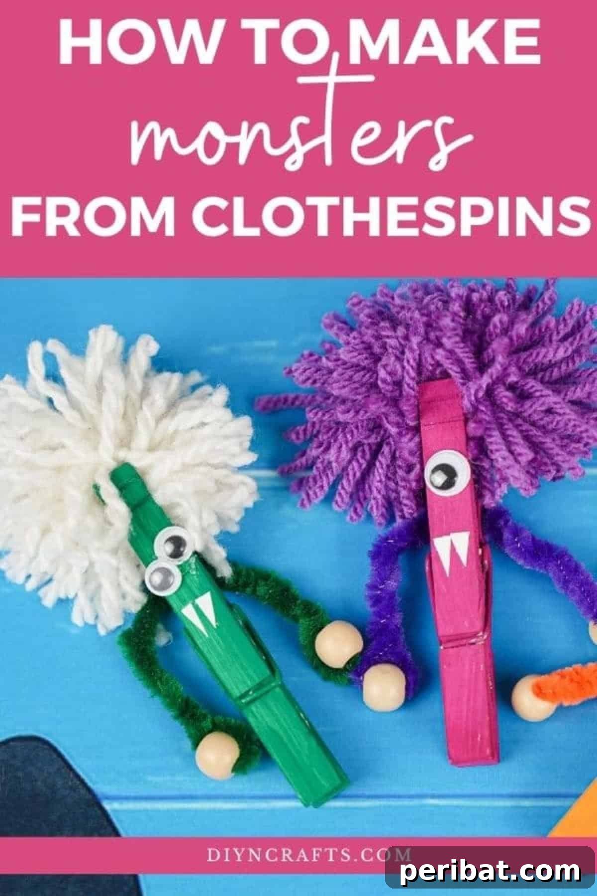 Spooktacular Clothespin Monster Craft 2 Colorful clothespin monsters standing on a blue backdrop