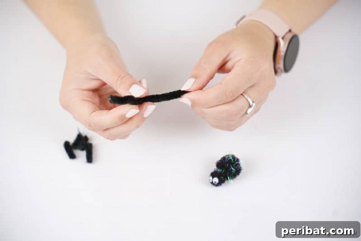 Spooky Stick Spiderwebs 11 A black pipe cleaner is being cut into eight equal small pieces, which will serve as the spider's legs.