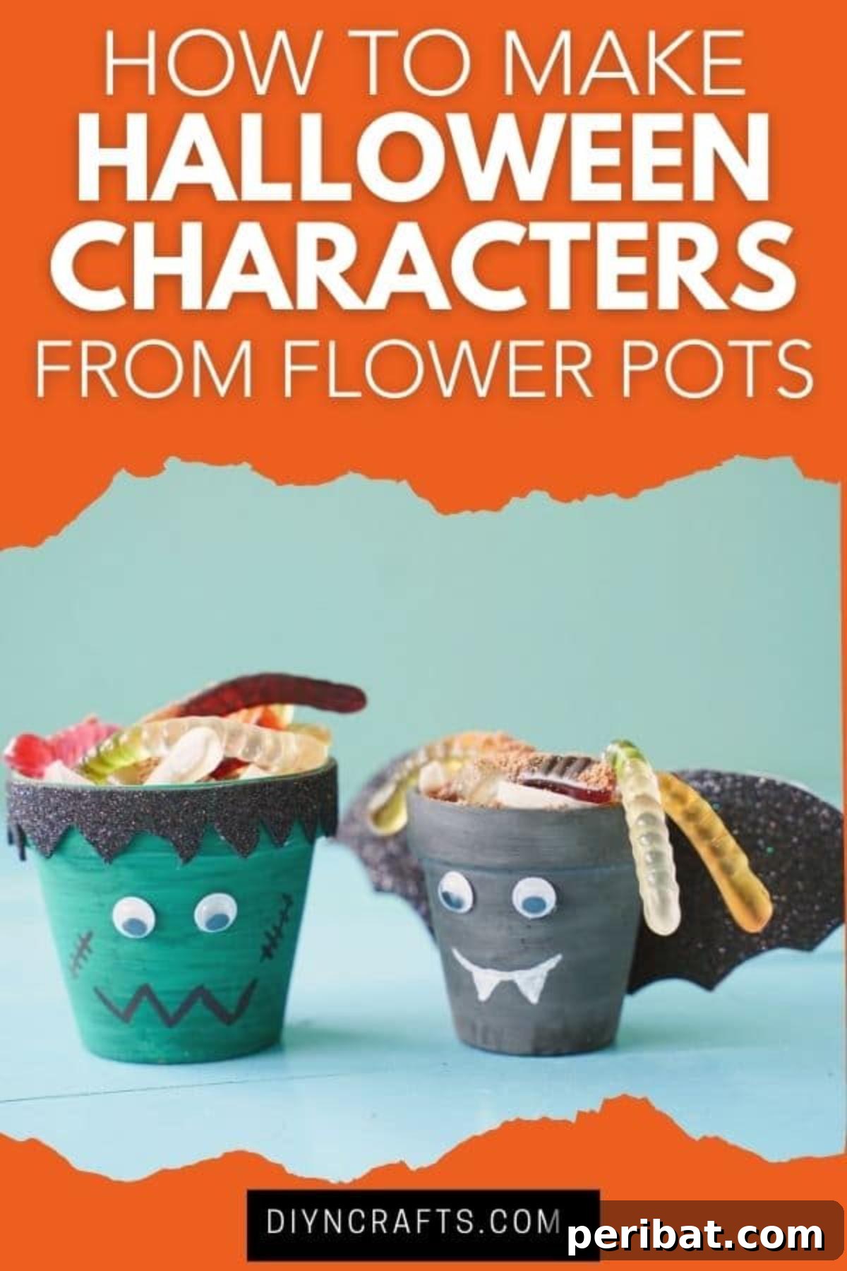 Charming Upcycled Planter Halloween Pals 2 Two decorated flower pot Halloween characters, a bat and Frankenstein monster, filled with Halloween treats on a blue background.