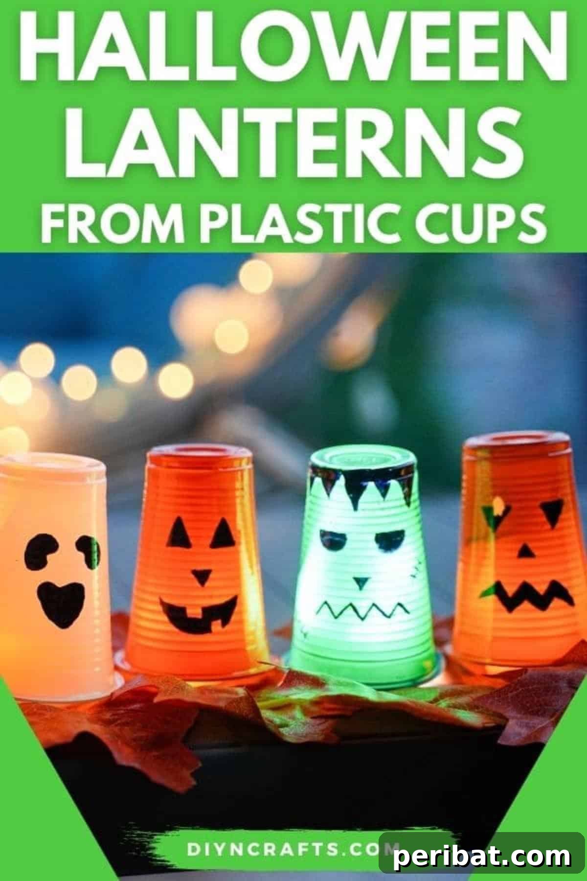 Glowing Halloween lanterns made from upcycled plastic cups arranged outdoors.