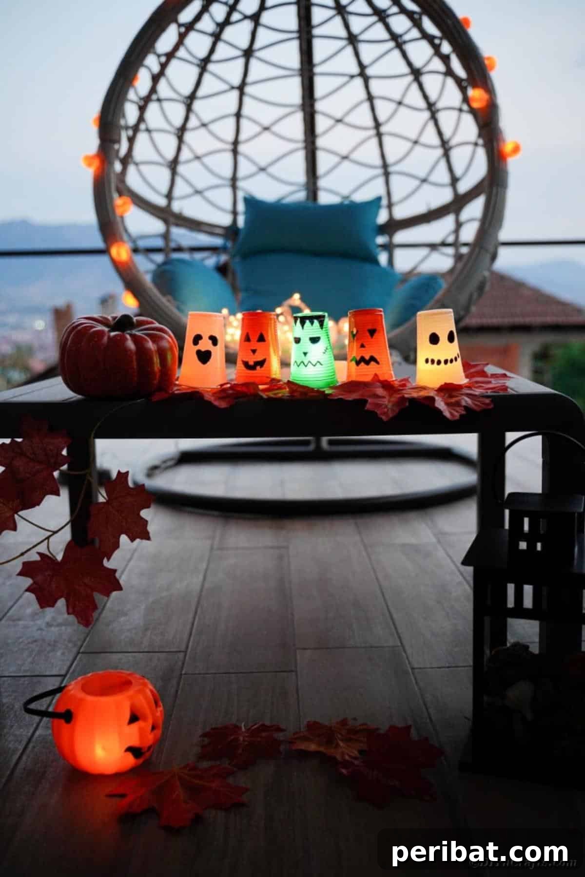 Three plastic cup Halloween lanterns on an outdoor table, with autumn leaves and natural wood elements.