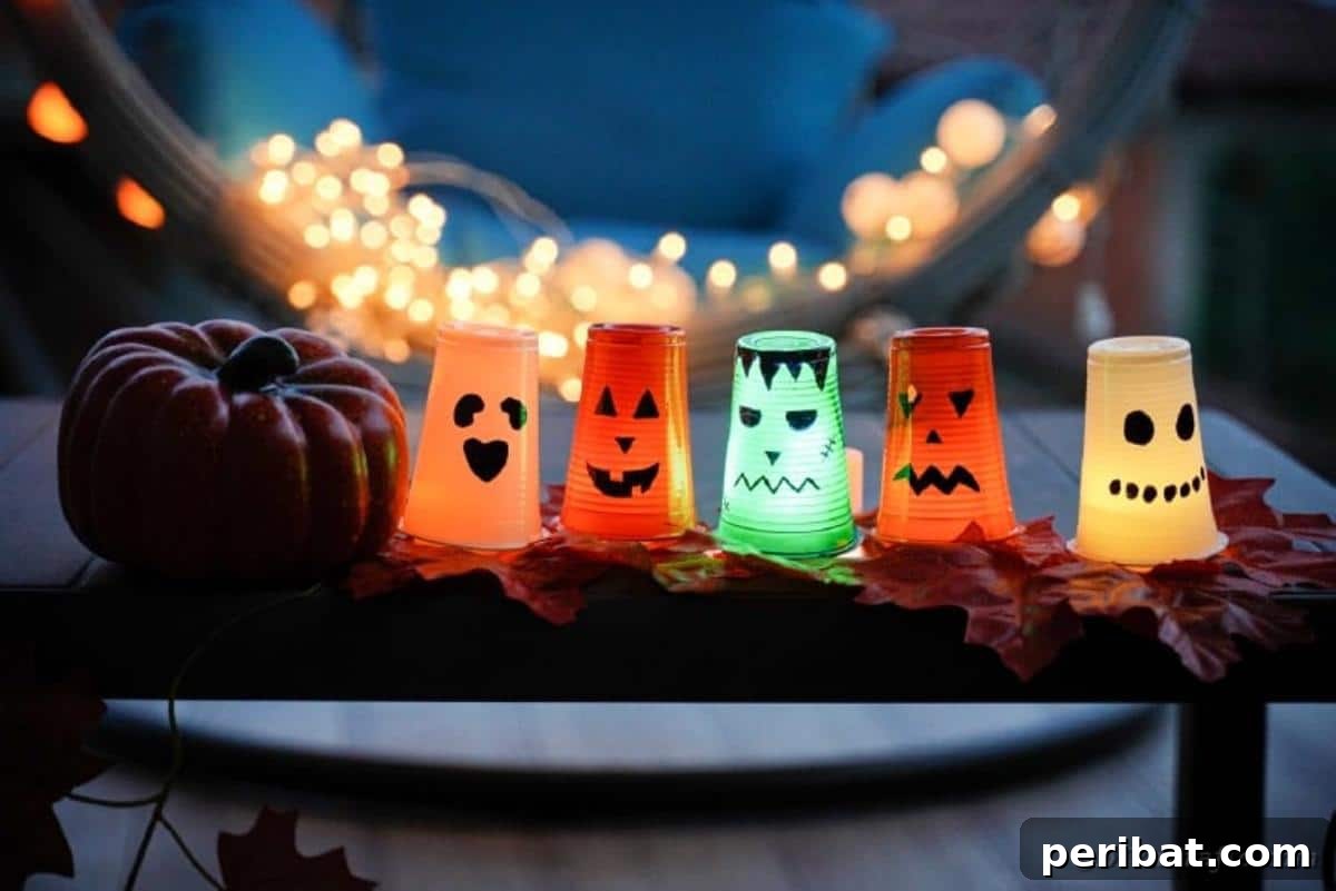 Halloween themed plastic cup lanterns arranged on an outdoor table, ready for display.