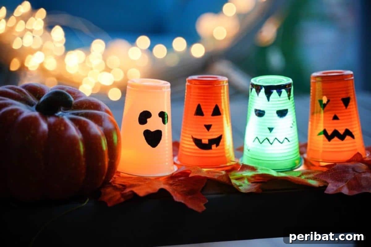 Plastic cup Halloween lanterns on an outdoor table with autumn decor, demonstrating festive placement.