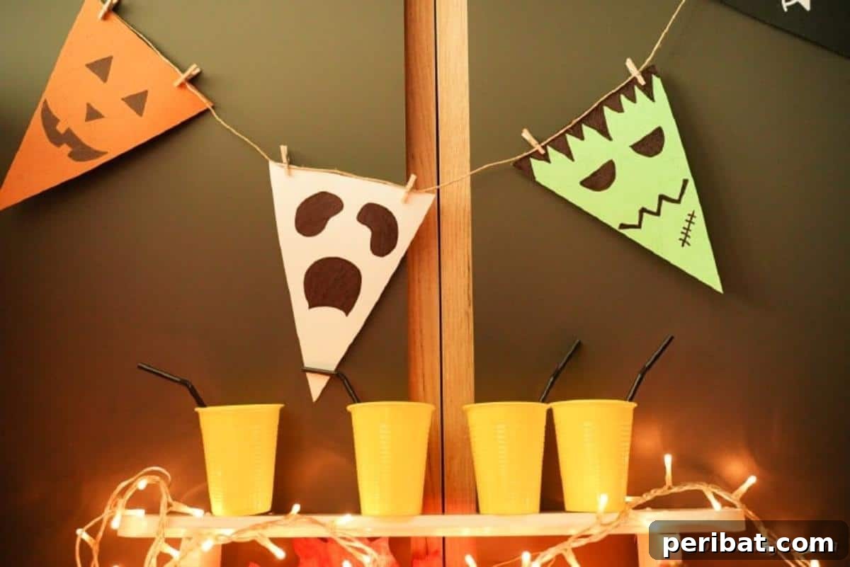 Halloween bunting hanging by orange cups with bat decor
