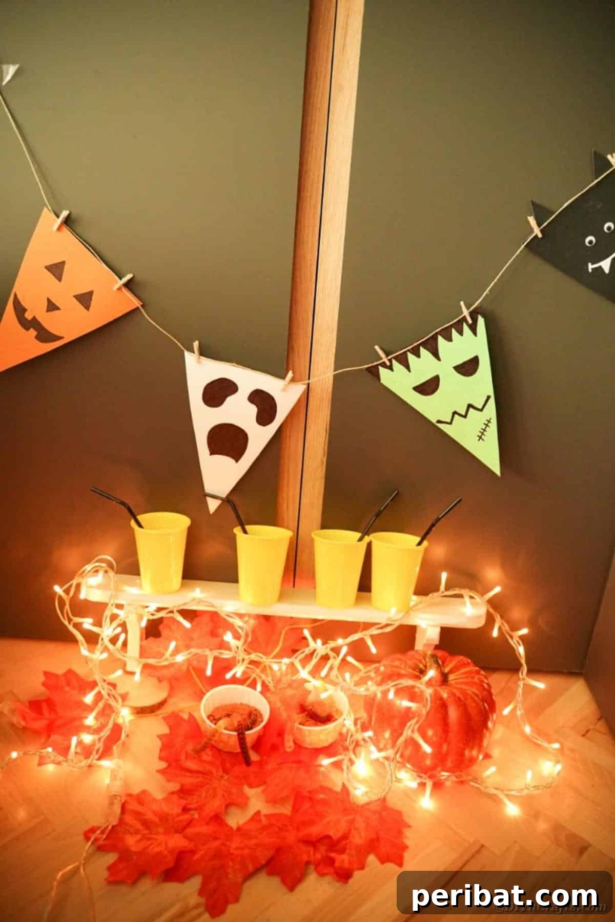 Halloween bunting hanging by orange cups with atmospheric lighting