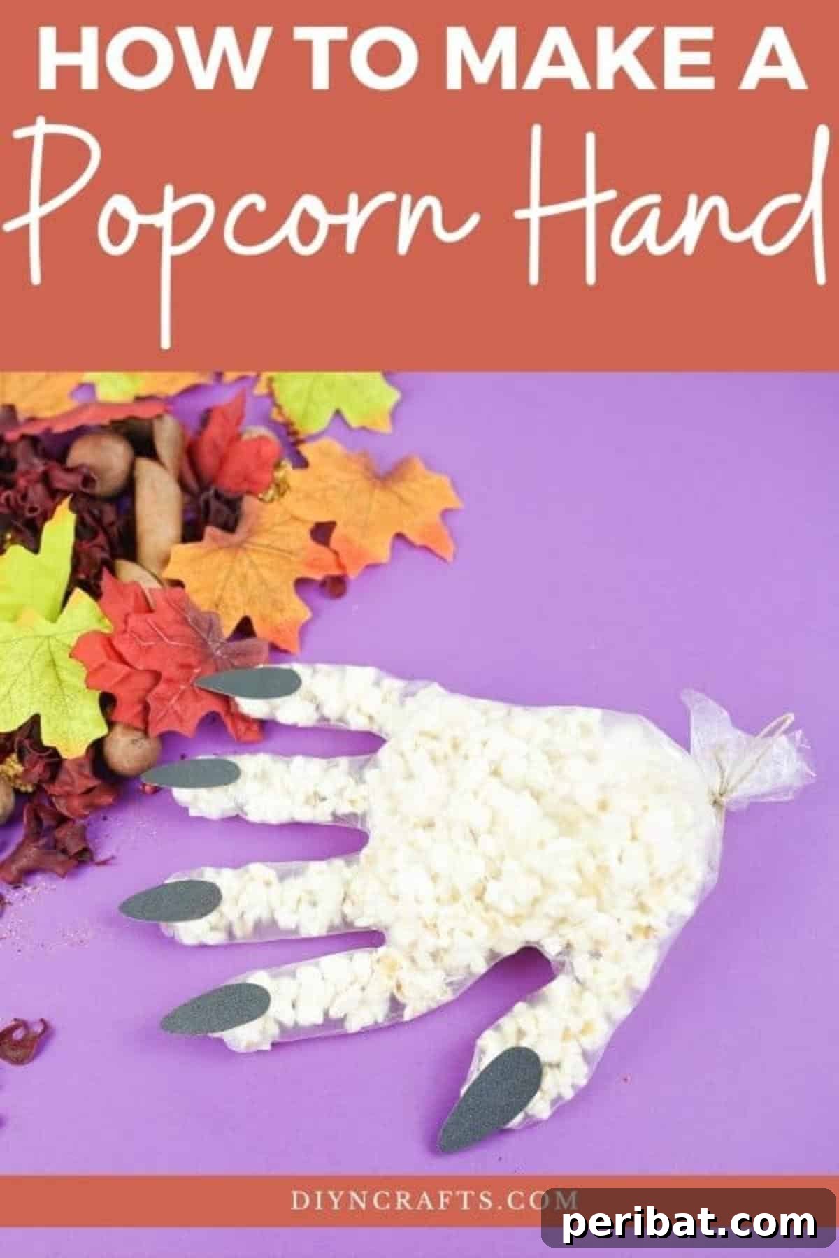Creepy Popcorn Hand Snacks 2 Popcorn hand on purple surface for Halloween treat