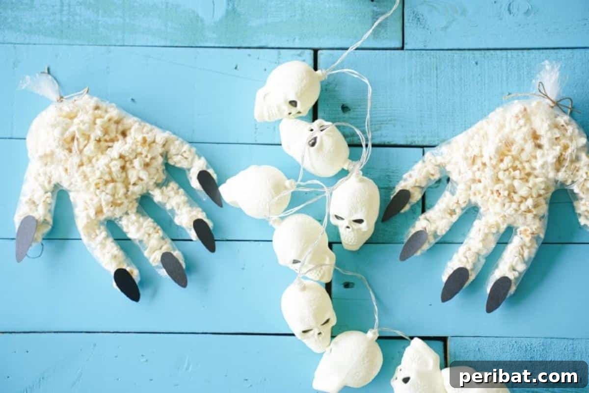 Creepy Popcorn Hand Snacks 3 Popcorn hands on blue wood surface