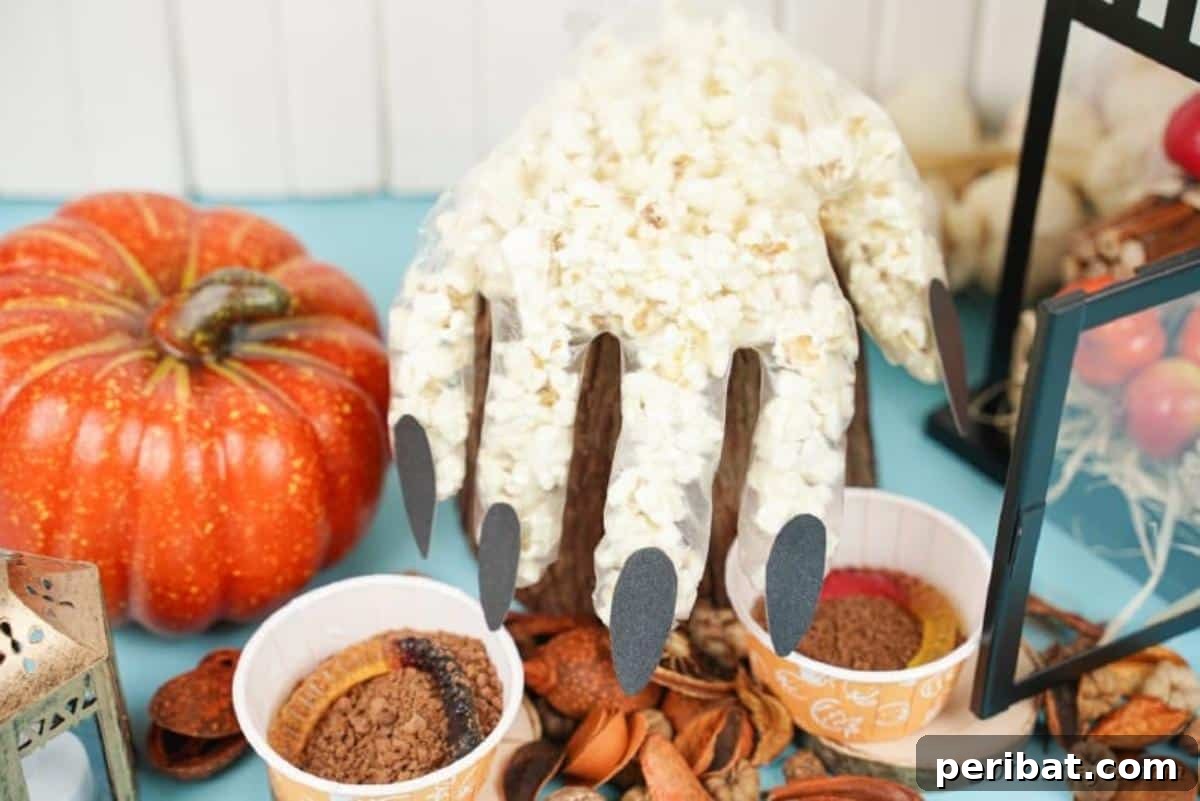 Creepy Popcorn Hand Snacks 4 Popcorn hands with other halloween decor