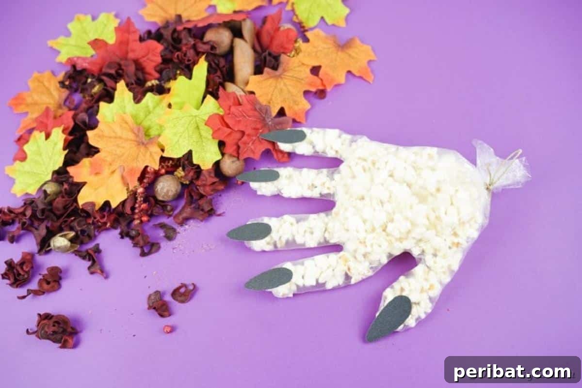 Creepy Popcorn Hand Snacks 5 Popcorn hand on purple surface
