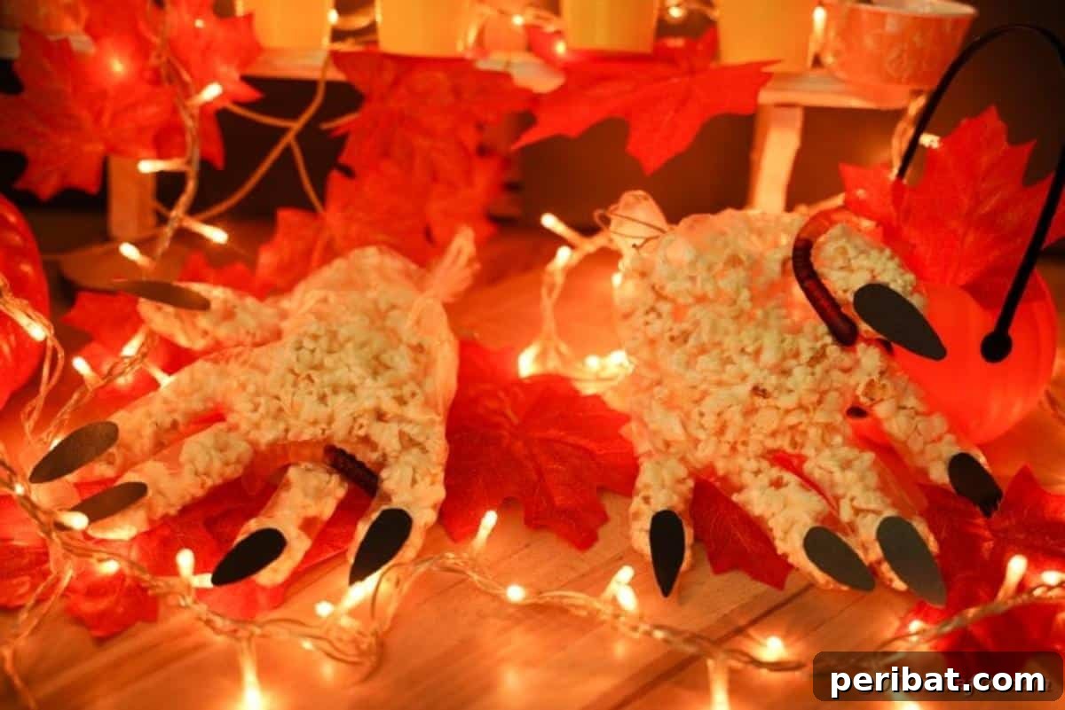 Creepy Popcorn Hand Snacks 8 Popcorn hands on fall leaves