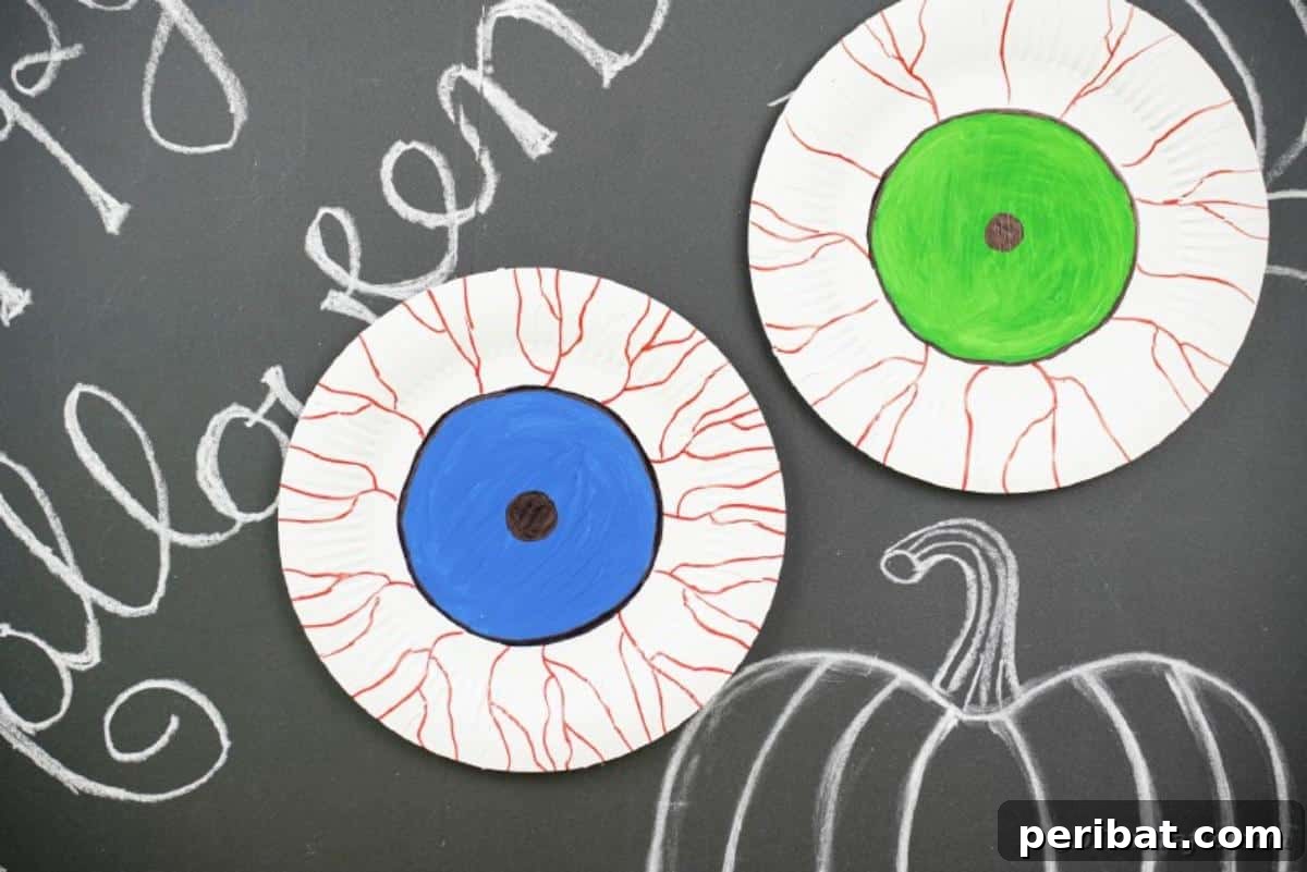 Staring Eyeball Halloween Plate Art 4 Paper plate bloodshot eyeballs on Halloween chalkboard