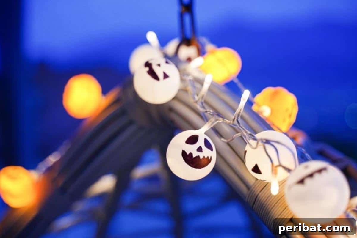 DIY Jack Skellington Halloween Garland with Ping Pong Balls 4 Ghost lights against dark blue