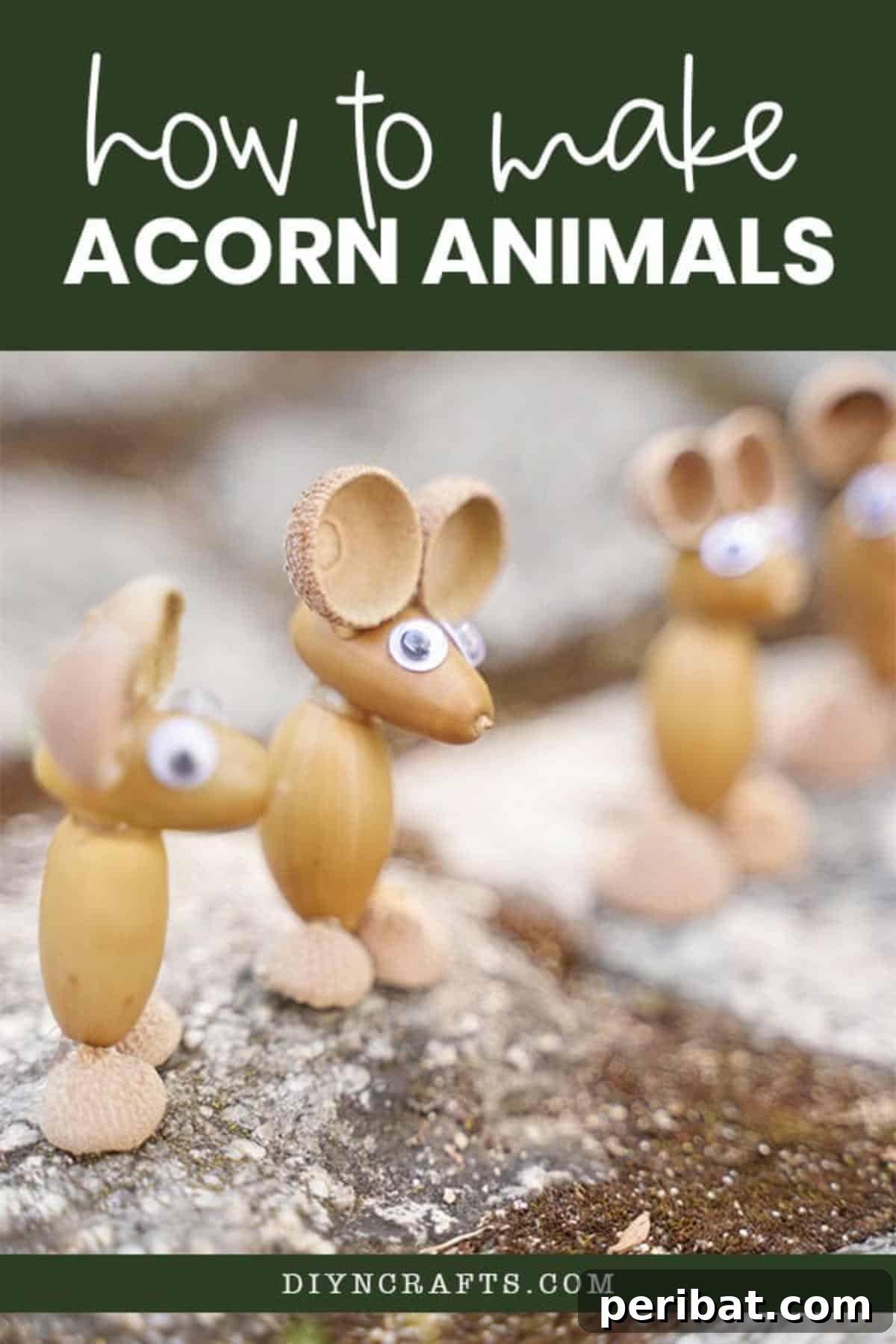 Craft Adorable Acorn Mice for Autumn Decor 2 animals from acorns pin image that reads how to make acorn animals
