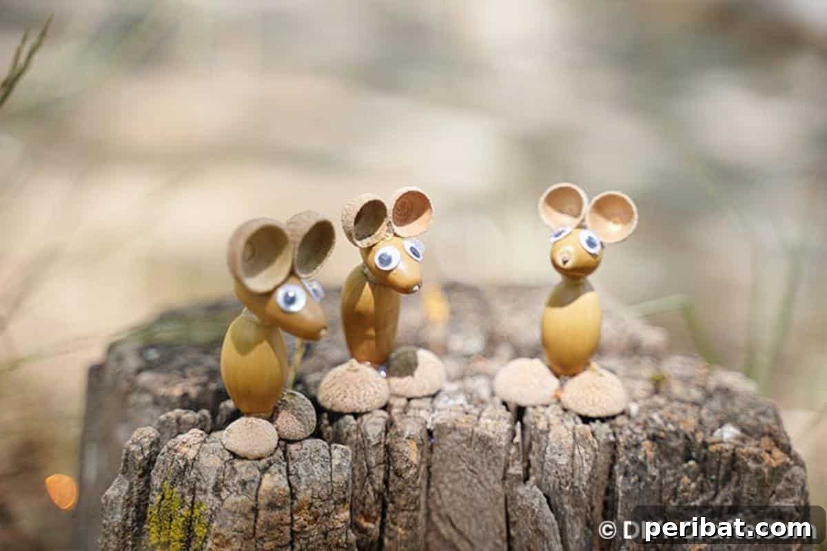 Craft Adorable Acorn Mice for Autumn Decor 3 Acorn mice on top of stump