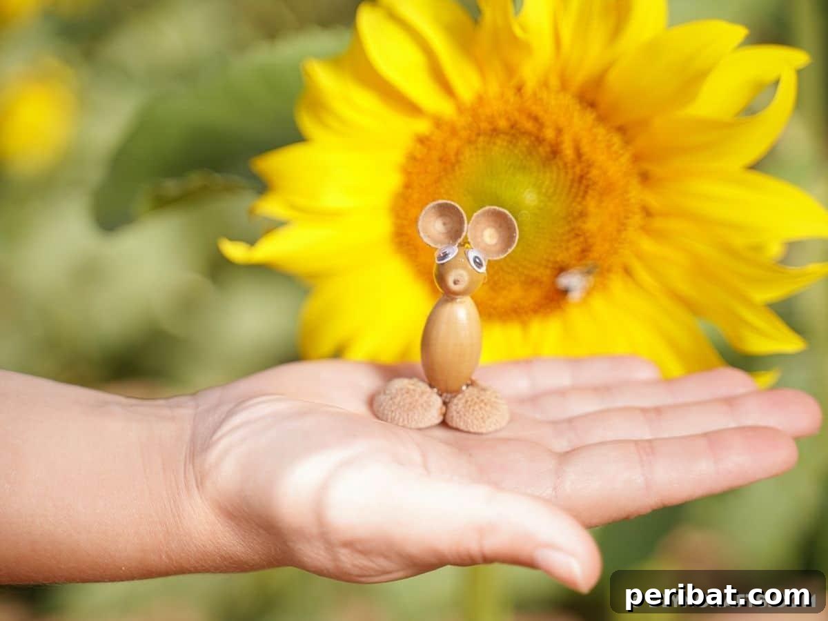 Craft Adorable Acorn Mice for Autumn Decor 5 Hand holding acorn mouse by yellow flower