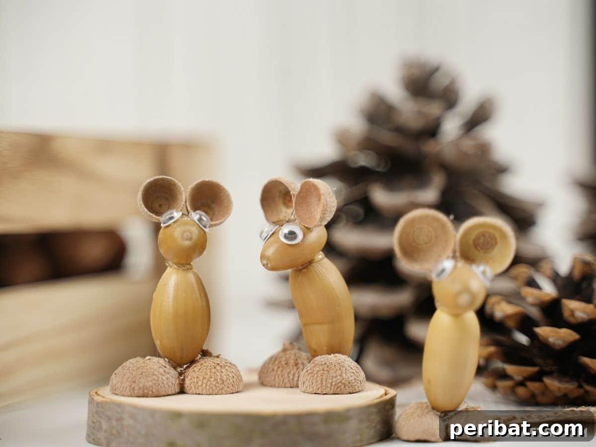 Craft Adorable Acorn Mice for Autumn Decor 6 Acorn mice on wood clies by pine cones