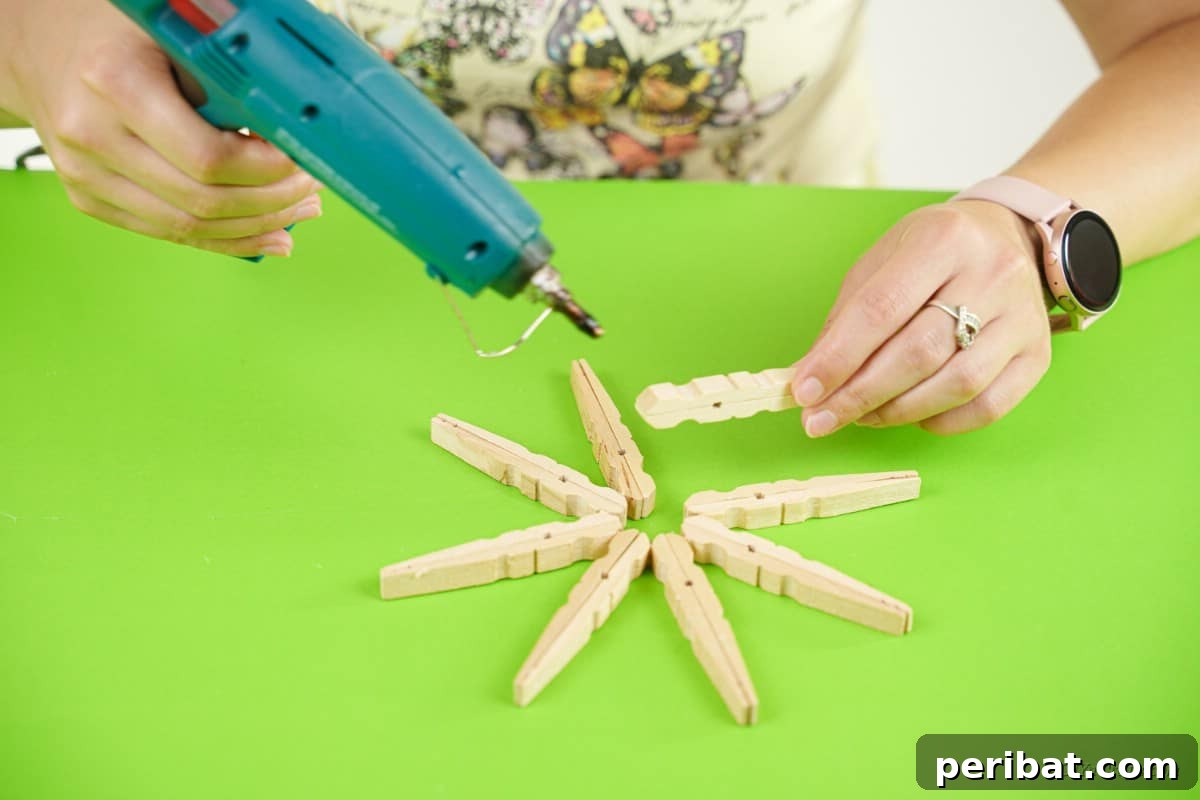 hot glue gun wooden clothespins together 