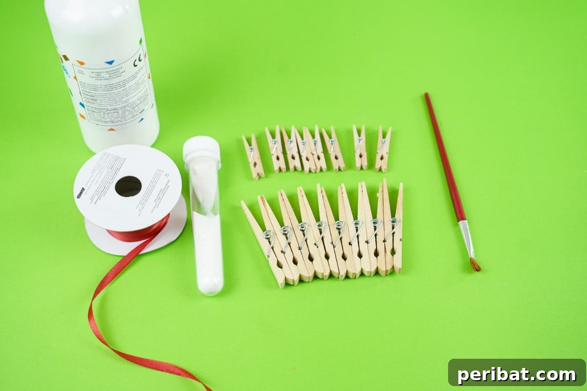 craft supplies clothespins paint brush ribbon glue