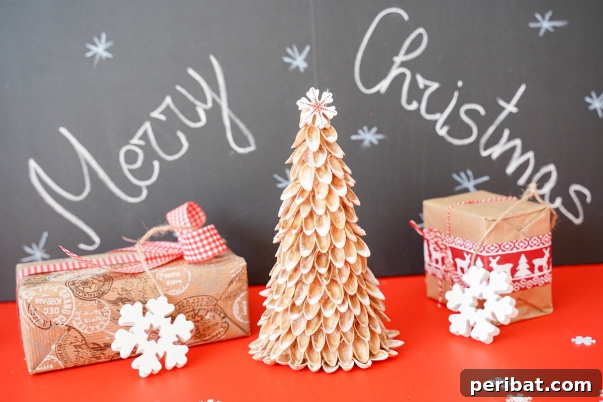 DIY Mini Christmas Trees from Upcycled Pistachio Shells 4 Merry Christmas chalkboard display with pistachio shell Christmas tree decor