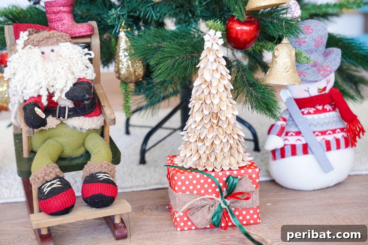 DIY Mini Christmas Trees from Upcycled Pistachio Shells 5 Pistachio shell Christmas tree craft with Santa and snowman decoration
