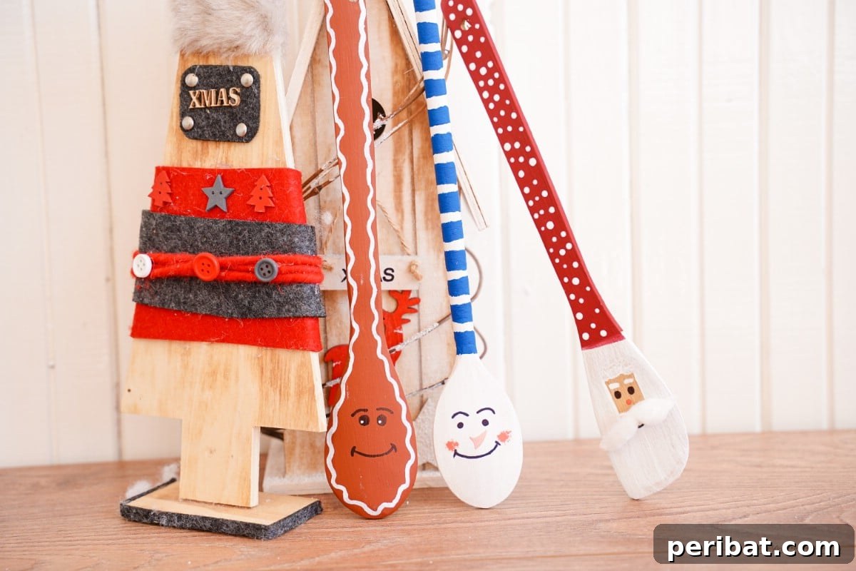 Wooden spoons leaning on Christmas decorations