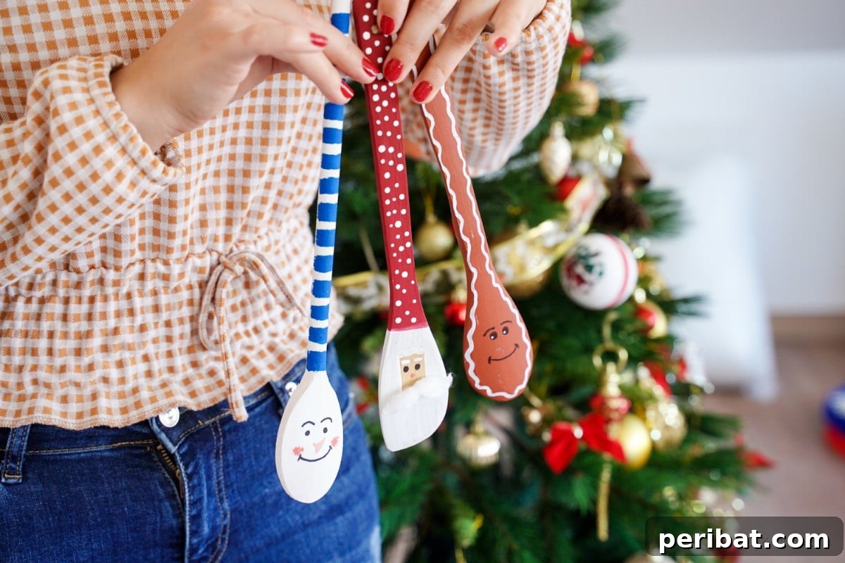 Three wooden spoon Christmas craft Santa gingerbread snowman with Christmas tree