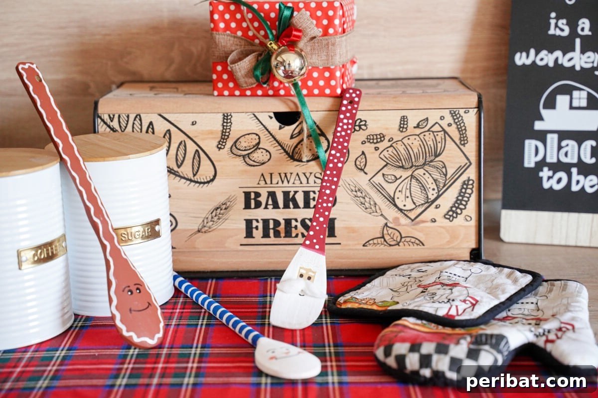 Wooden spoons Christmas character faces on plaid cloth decorations