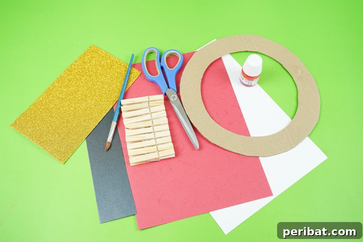 Craft a Delightful Santa Hat Wreath for Christmas 8 Santa wreath craft supplies laid out: cardboard ring, paint, various papers.