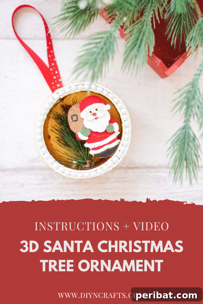 Whimsical Upcycled Santa 3D Christmas Tree Ornament 2 Santa 3D ornament on table with tree, showcasing a beautifully upcycled Christmas decoration.