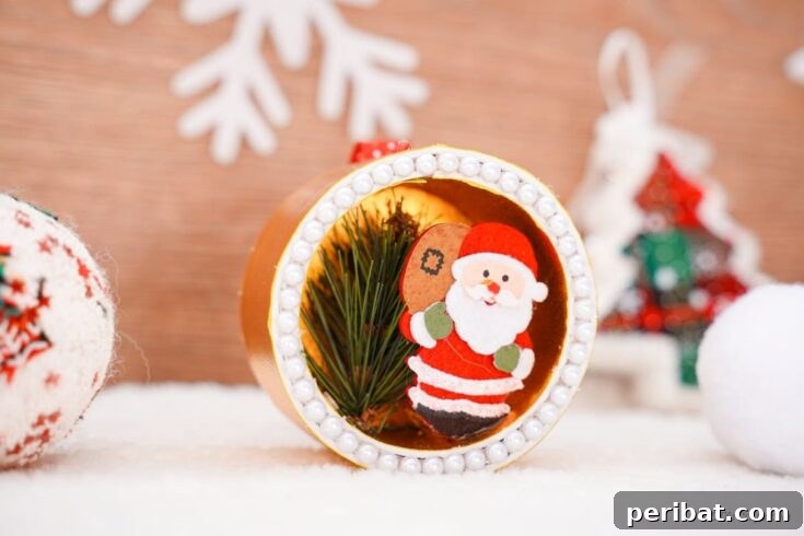 Whimsical Upcycled Santa 3D Christmas Tree Ornament 24 Completed Santa ornament handmade craft on display, a perfect handmade decoration.