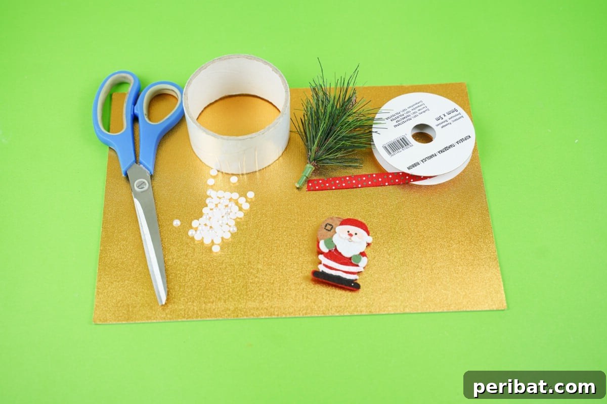 Whimsical Upcycled Santa 3D Christmas Tree Ornament 6 Supplies for making diorama craft, neatly laid out on a table.