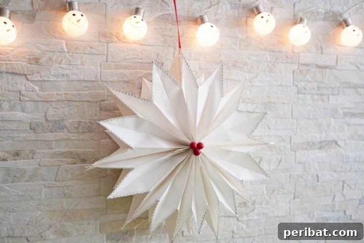 paper star craft hanging under lights, radiating warmth